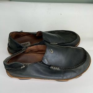 olukai shoes slip ons men size 9 black leather upper beautiful loafers